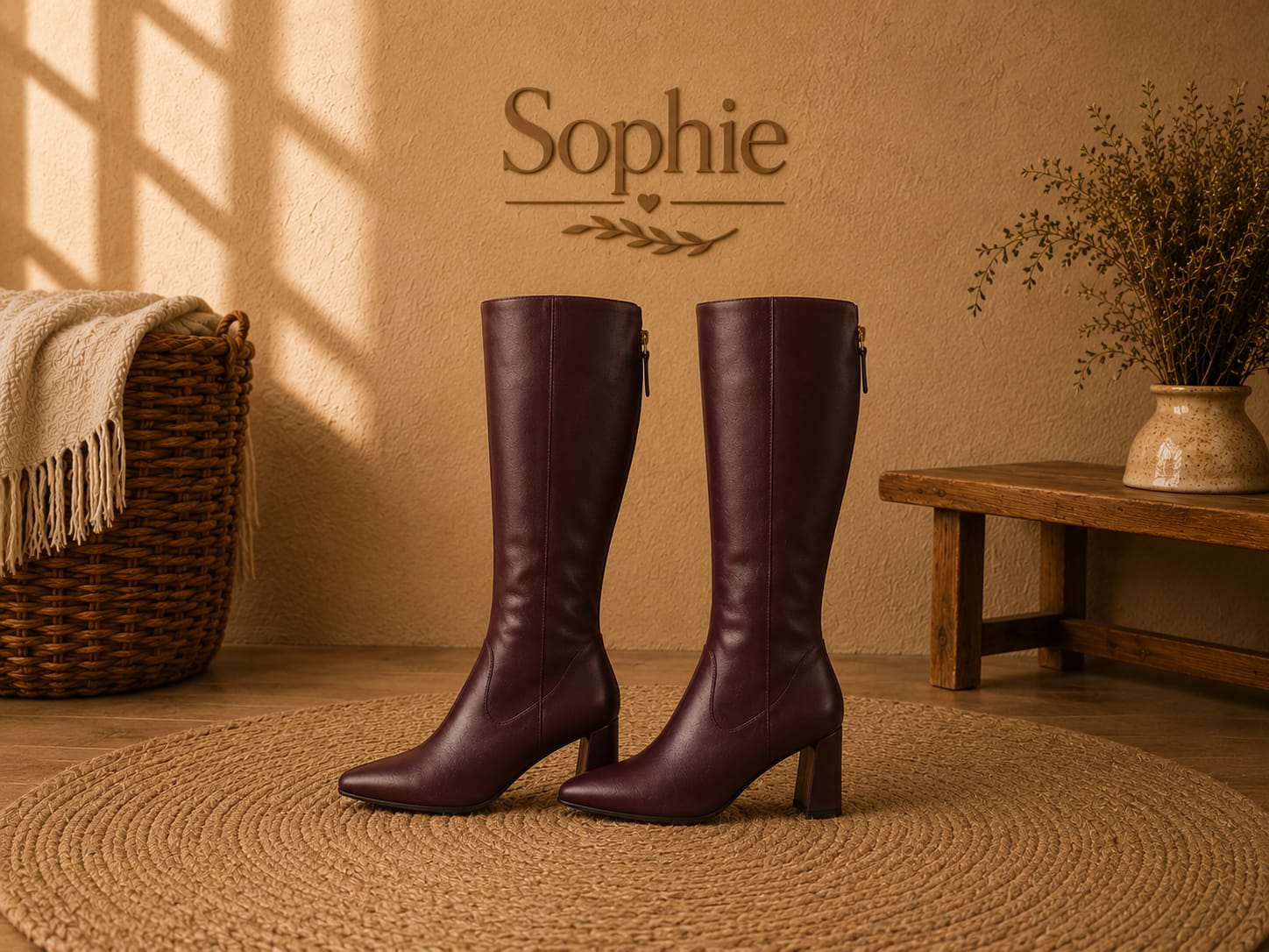 Bota Feminina Cano Alto Sophie Vinho com Salto Bloco
